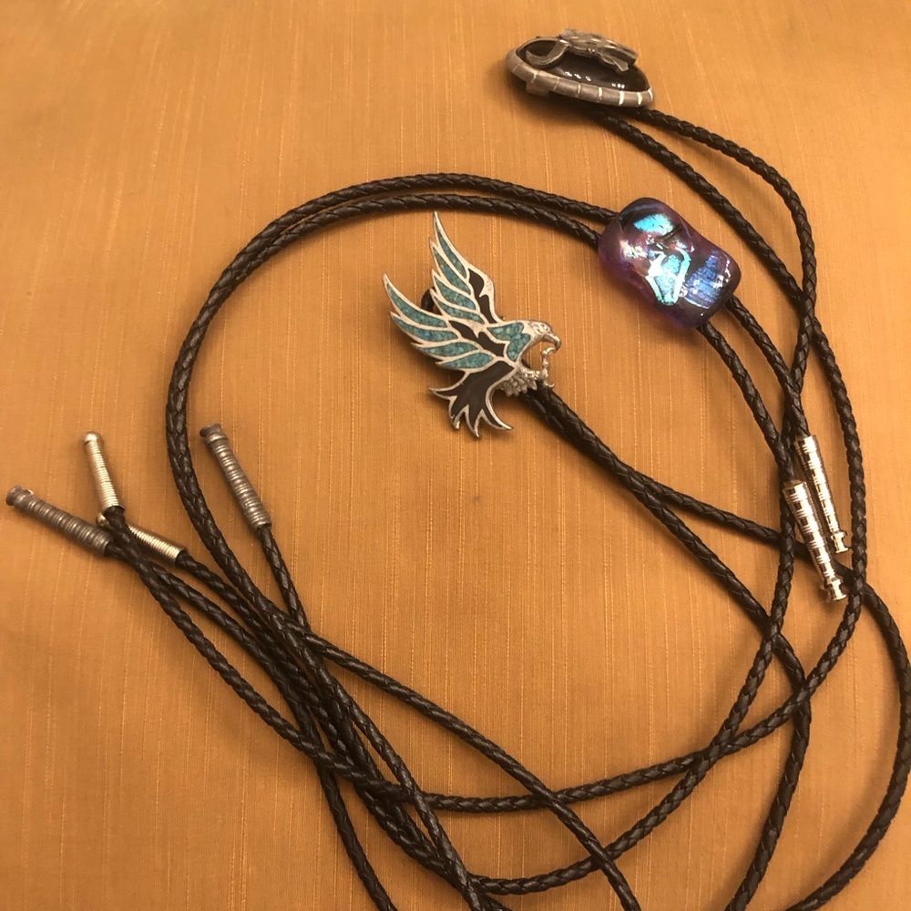 Lot of 4 leather western style bolo ties. Black woven leather. Turquoise accents